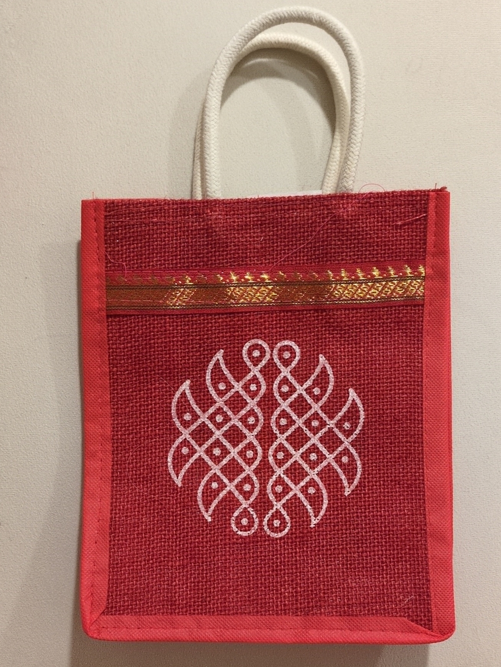 Red Jute Burlap Bag with Traditional White Kolam